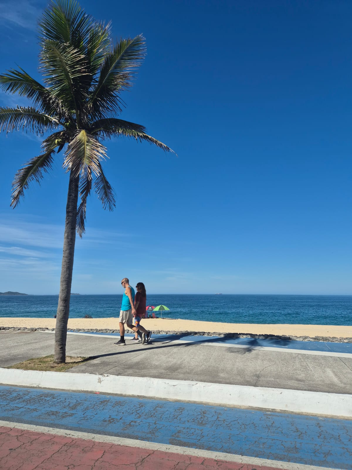 Orla da praia de Itaipuaçu com coqueiro e mar azul