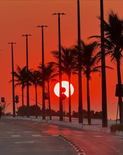 Pôr do sol vermelho entre coqueiros na orla de Itaipuaçu